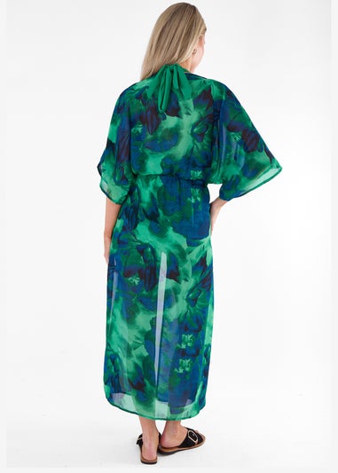 Gini London Green Flowy Open Front Beach Cover Kimono