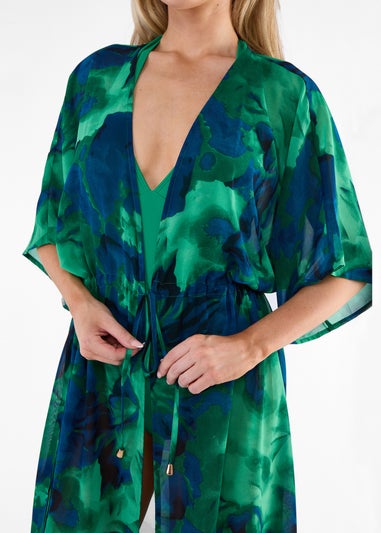 Gini London Green Flowy Open Front Beach Cover Kimono