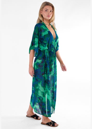 Gini London Green Flowy Open Front Beach Cover Kimono