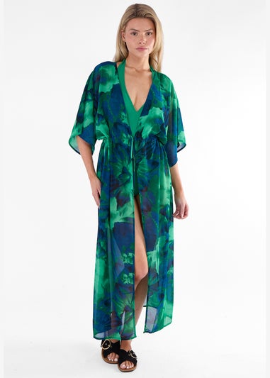 Gini London Green Flowy Open Front Beach Cover Kimono