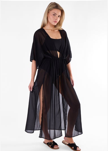 Gini London Black Flowy Open Front Beach Cover Kimono