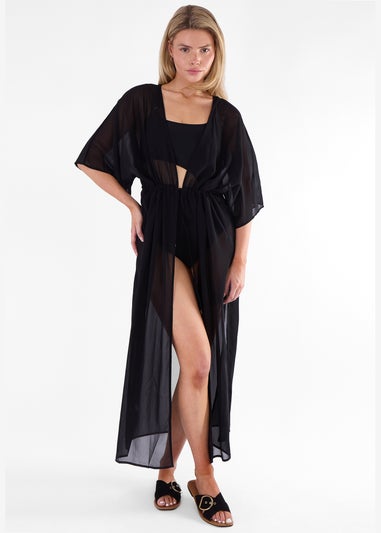 Gini London Black Flowy Open Front Beach Cover Kimono