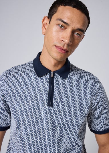 Blue Smart Printed Zip Polo Shirt