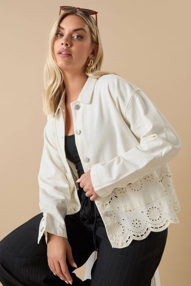 Yours Curve Ivory White Broderie Anglaise Twill Shacket