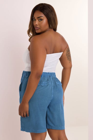 Yours Curve Mid Blue Chambray Pull On Shorts