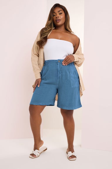 Yours Curve Mid Blue Chambray Pull On Shorts