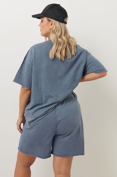 Yours Curve Blue Acid Wash Sweat Jogger Shorts