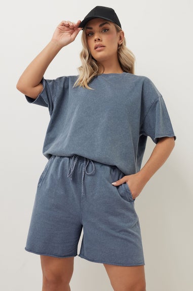 Yours Curve Blue Acid Wash Sweat Jogger Shorts