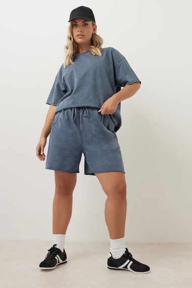 Yours Curve Blue Acid Wash Sweat Jogger Shorts