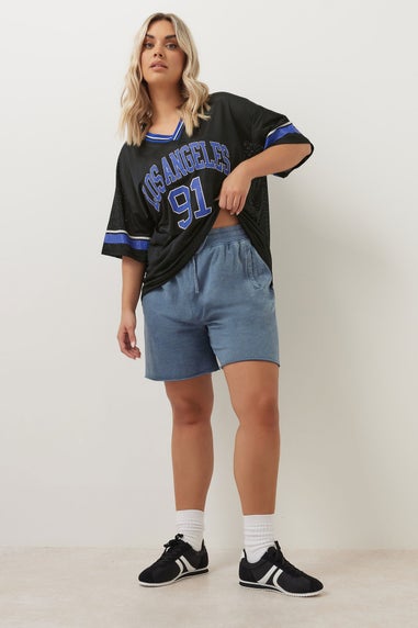 Yours Curve Blue Acid Wash Sweat Jogger Shorts