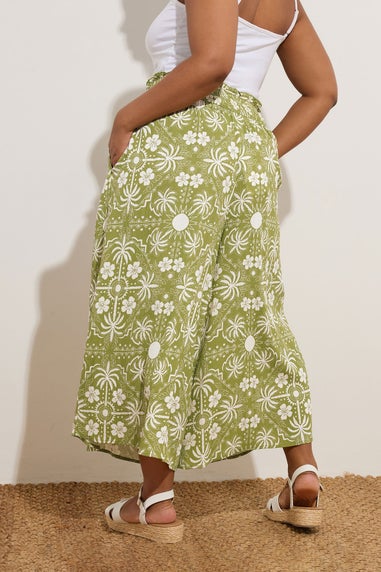 Yours Curve Green Palm Print Shirred Midaxi Culottes