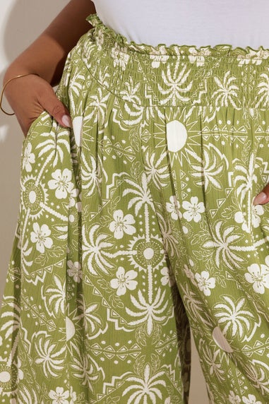 Yours Curve Green Palm Print Shirred Midaxi Culottes