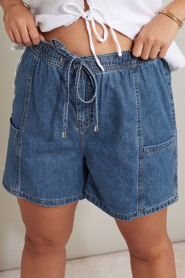 Yours Curve Mid Blue Tie Waist Denim Shorts