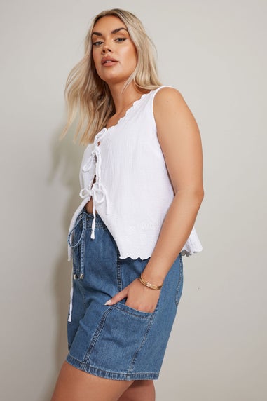 Yours Curve Mid Blue Tie Waist Denim Shorts