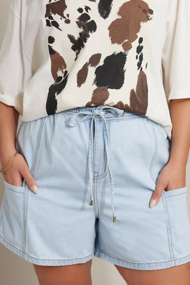 Yours Curve Light Blue Tie Waist Denim Shorts
