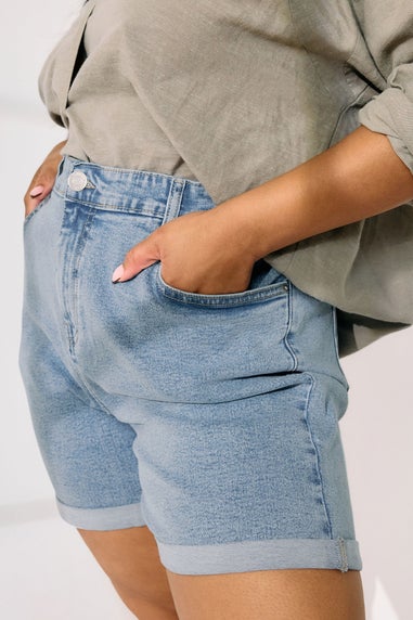 Yours Curve Light Blue Turn Up Stretch Denim Mom Shorts