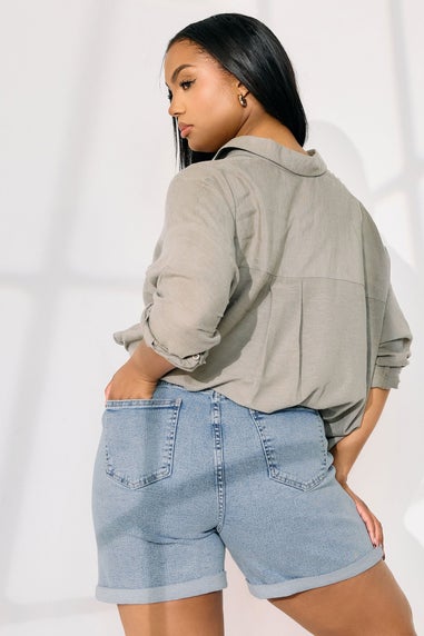 Yours Curve Light Blue Turn Up Stretch Denim Mom Shorts