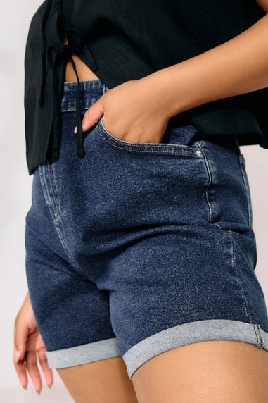 Yours Curve Indigo Blue Turn Up Stretch Denim Mom Shorts