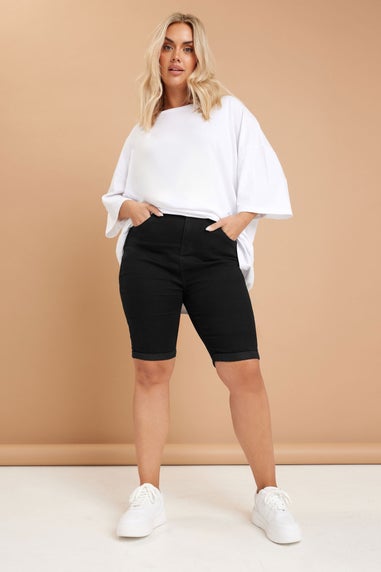 Yours Curve Black Turn Up Denim Shorts