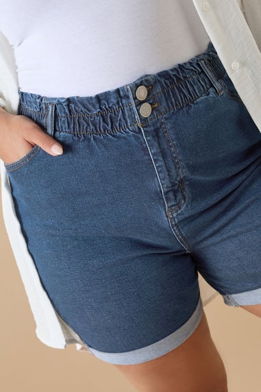 Yours Curve Mid Blue Elasticated Waist Turn Up Denim Shorts