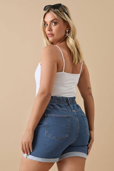 Yours Curve Mid Blue Elasticated Waist Turn Up Denim Shorts