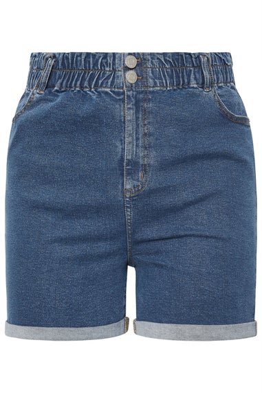 Yours Curve Mid Blue Elasticated Waist Turn Up Denim Shorts