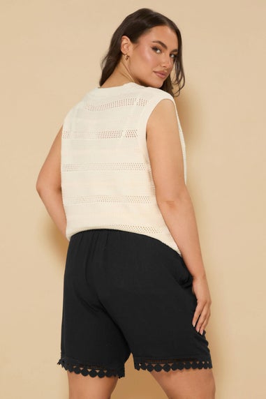 Yours Curve Black Crochet Trim Crinkle Shorts