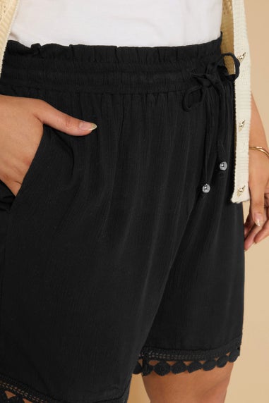 Yours Curve Black Crochet Trim Crinkle Shorts