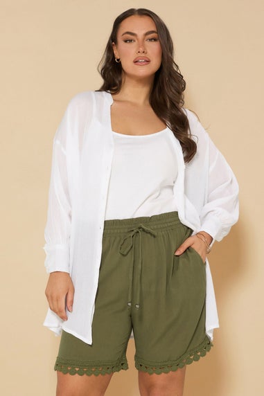 Yours Curve Khaki Green Crochet Trim Crinkle Shorts