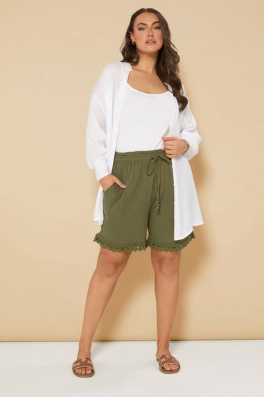 Yours Curve Khaki Green Crochet Trim Crinkle Shorts