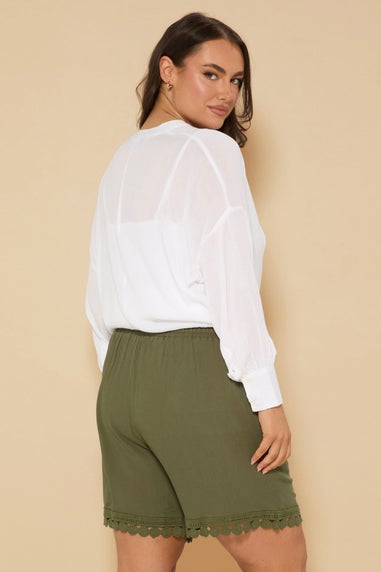 Yours Curve Khaki Green Crochet Trim Crinkle Shorts