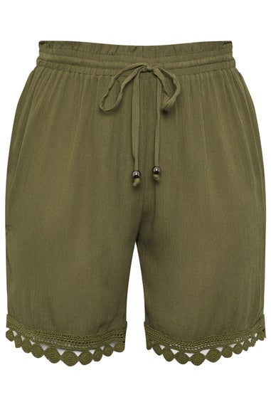 Yours Curve Khaki Green Crochet Trim Crinkle Shorts