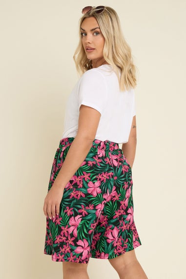 Yours Curve Black Tropical Floral Print Jersey Shorts