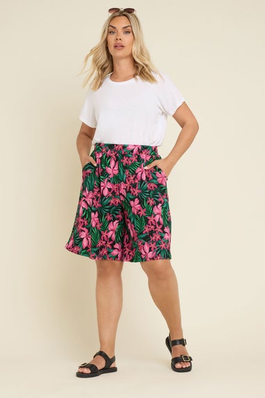 Yours Curve Black Tropical Floral Print Jersey Shorts