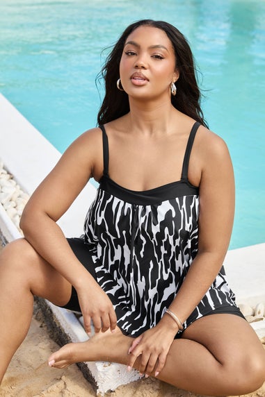 Yours Curve Black & White Abstract Print Tankini Top
