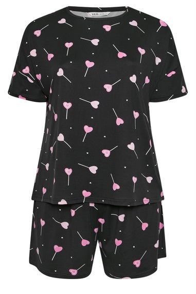 Yours Curve Black Heart Lollipop Short Pyjama Set
