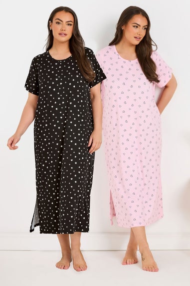 Yours Curve 2 Pack Pink & Black Heart Print Midaxi Nightdresses