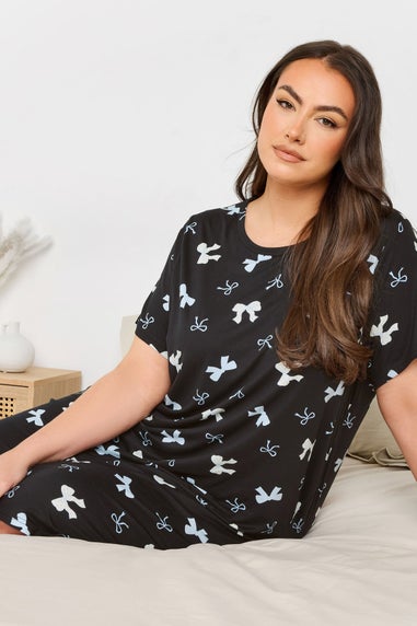 Yours Curve 2 Pack Multi Coloured Black & Blue Bow Print Soft Touch Nightdresses