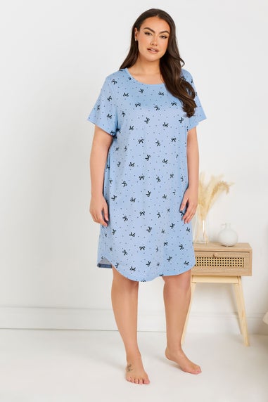 Yours Curve 2 Pack Multi Coloured Black & Blue Bow Print Soft Touch Nightdresses