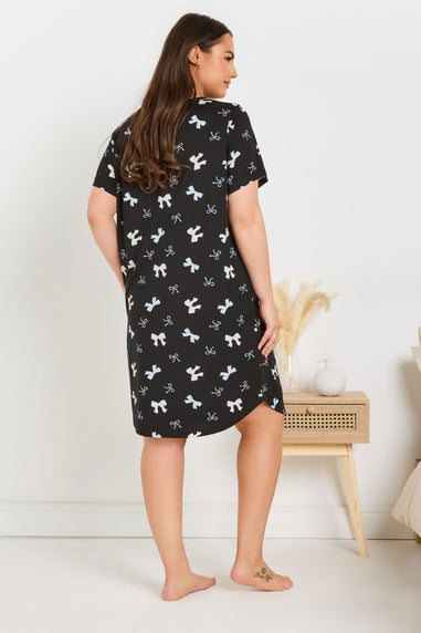 Yours Curve 2 Pack Multi Coloured Black & Blue Bow Print Soft Touch Nightdresses