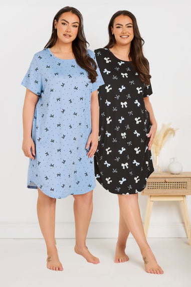 Yours Curve 2 Pack Multi Coloured Black & Blue Bow Print Soft Touch Nightdresses