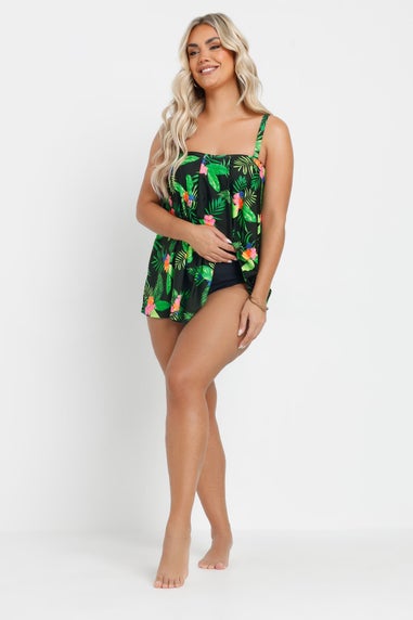 Yours Curve Black Tropical Print A-Line Tankini Top