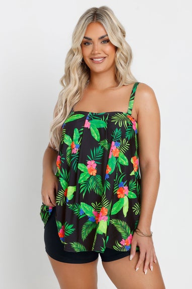 Yours Curve Black Tropical Print A-Line Tankini Top