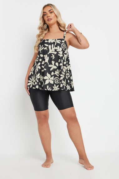 Yours Curve Black Abstract Floral Tankini Top