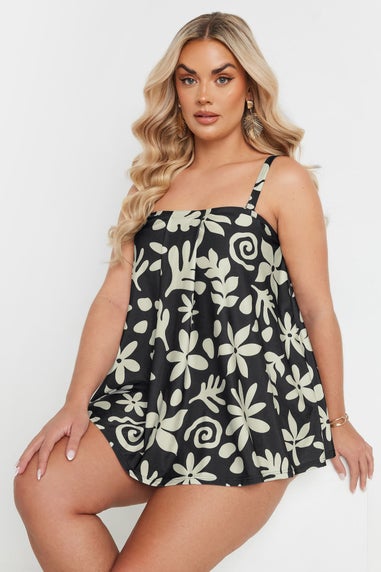 Yours Curve Black Abstract Floral Tankini Top