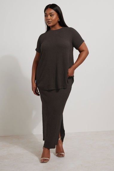 Yours Curve Chocolate Brown Textured Side Split Maxi Skirt