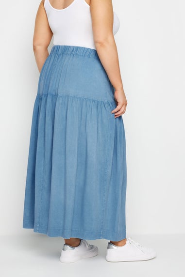 Yours Curve Blue Chambray Tiered Midi Skirt