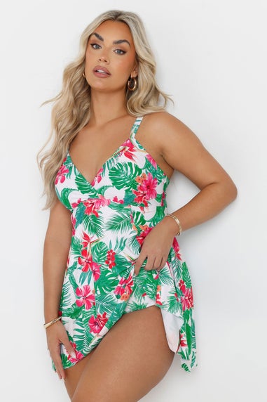 Yours Curve White Tropical Print Swimdress