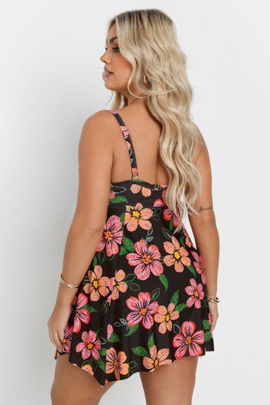 Yours Curve Black Floral Print Hanky Hem Swim Dress