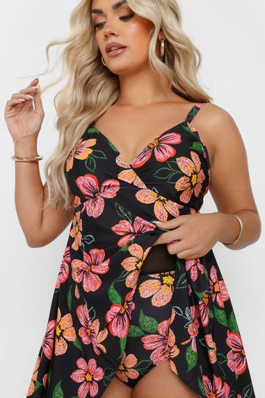 Yours Curve Black Floral Print Hanky Hem Swim Dress